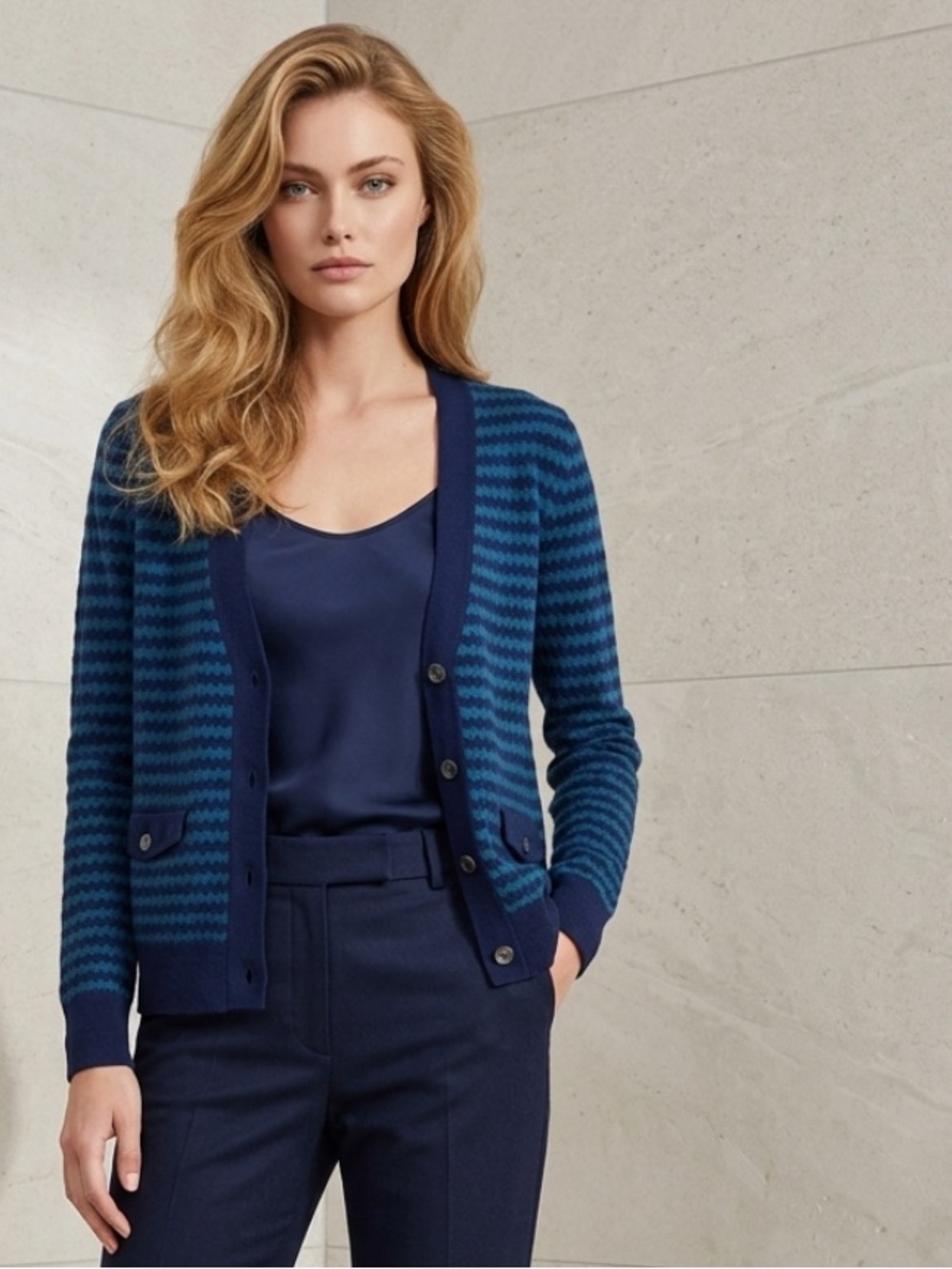 HALOGEN Nordstroms Boyfriend Cardigan Sweater Striped Wool Blue